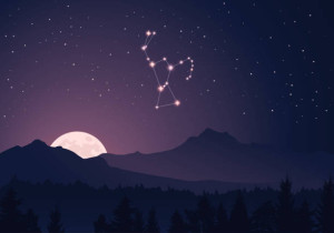 Constellation scheme collection. Stars in the night sky. Dark starry sky, hills, creppy forest, bright moon. Vector constellation Orion. How Orion constellation looks like, what it actually images.