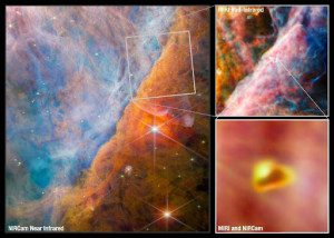Three views of the protoplanetary disk of the star d203-506 in the Orion Nebula taken by James Webb Space Telescope. Left image taken by NIRcam/NIRSpec. The top right image was taken from the MIRI. Bottom right Combined images from NIRCam and MIRI to find the carbon molecule.